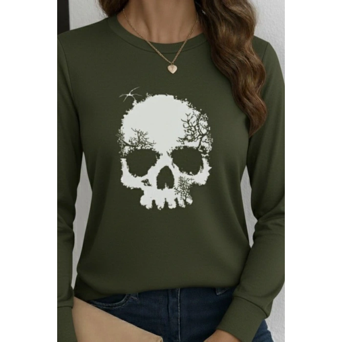 Kadın Uzun Kollu Bisiklet Yaka Kurukafa Desenli Viskon Bluz