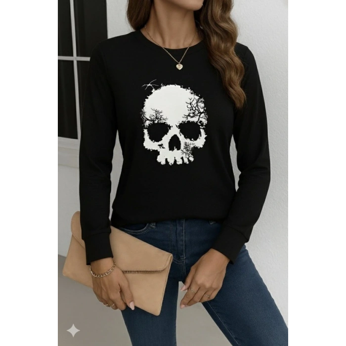 Kadın Uzun Kollu Bisiklet Yaka Kurukafa Desenli Viskon Bluz