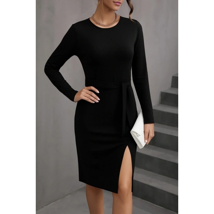 Kadın Uzun Kollu Bisiklet Yaka Kuşaklı Kruvaze Yırtmaç Detay Viskon Elbise