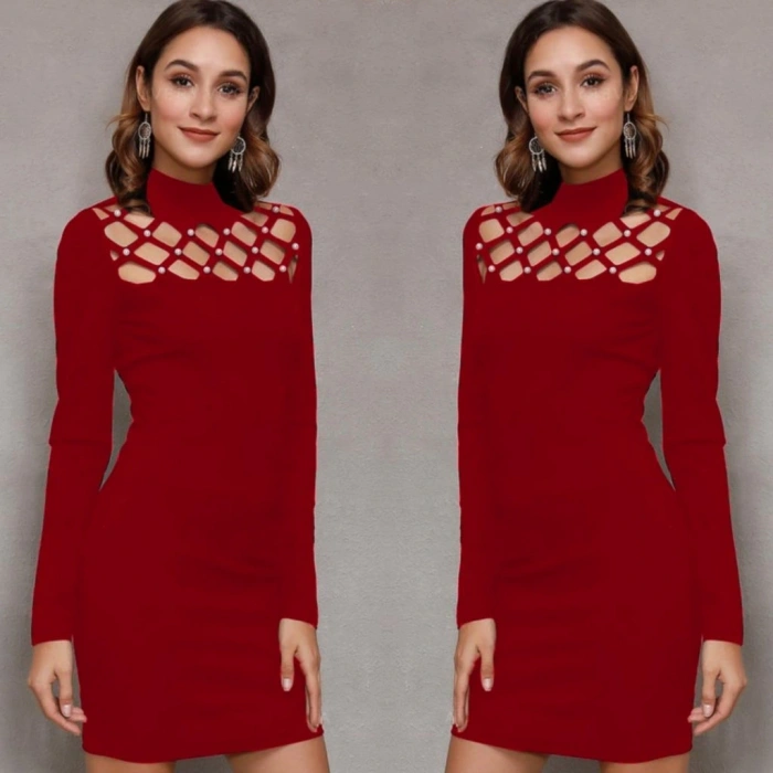 Kadın Uzun Kollu Bisiklet Yaka Lazer Kesim Inci Detay Viskon Iki Iplik Mini Boy Elbise