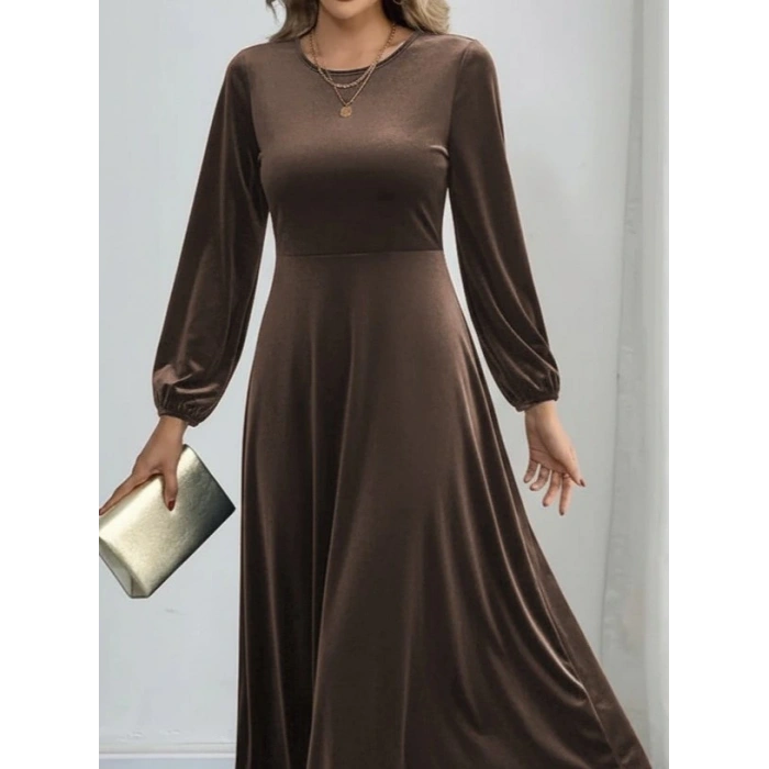 Kadın Uzun Kollu Bisiklet Yaka Midi Kadife Elbise