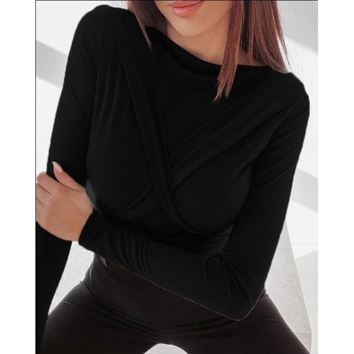 Kadın Uzun Kollu Bisiklet Yaka Omuzdan Uzun şerit Sırtta Bağlanan Kuşak Detay Viskon Bluz