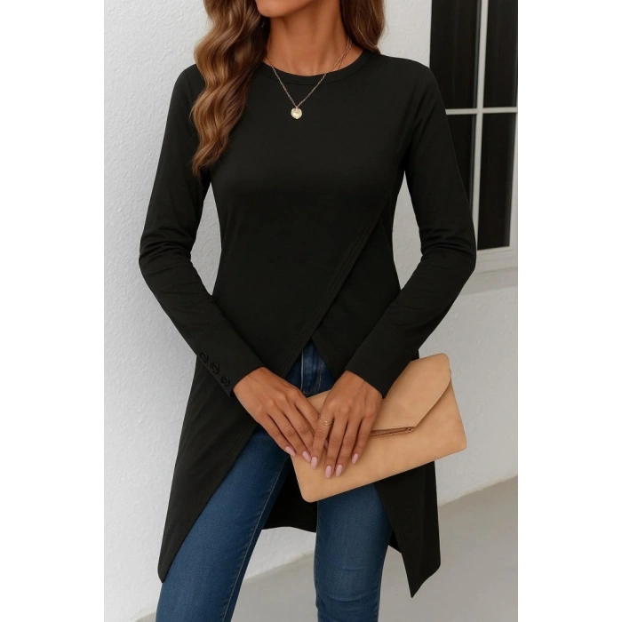 Kadın Uzun Kollu Bisiklet Yaka önden çapraz Kesim Detay Midi Viskon Bluz