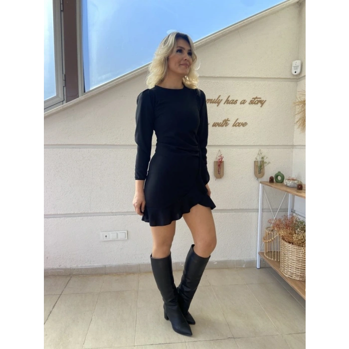 Kadın Uzun Kollu Bisiklet Yaka önden Volanlı Ithal Krep Elbise