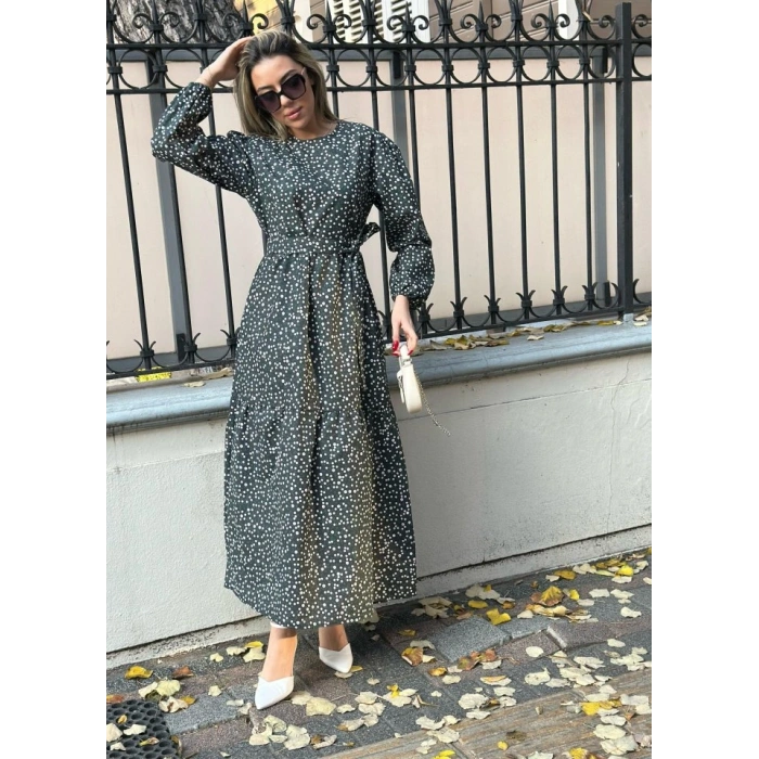 Kadın Uzun Kollu Bisiklet Yaka Papatya Desen Kuşak Dahil Maxi Boy Elbise