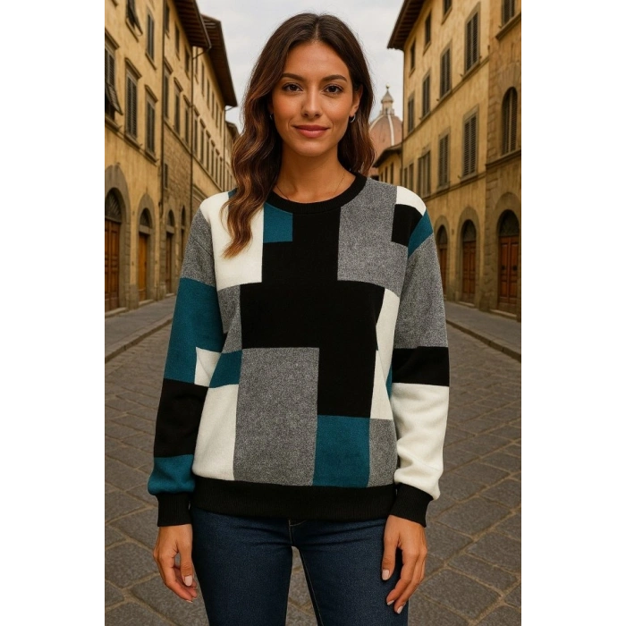 Kadın Uzun Kollu Bisiklet Yaka Renkli Blok Baskı Dalgıç Bluz