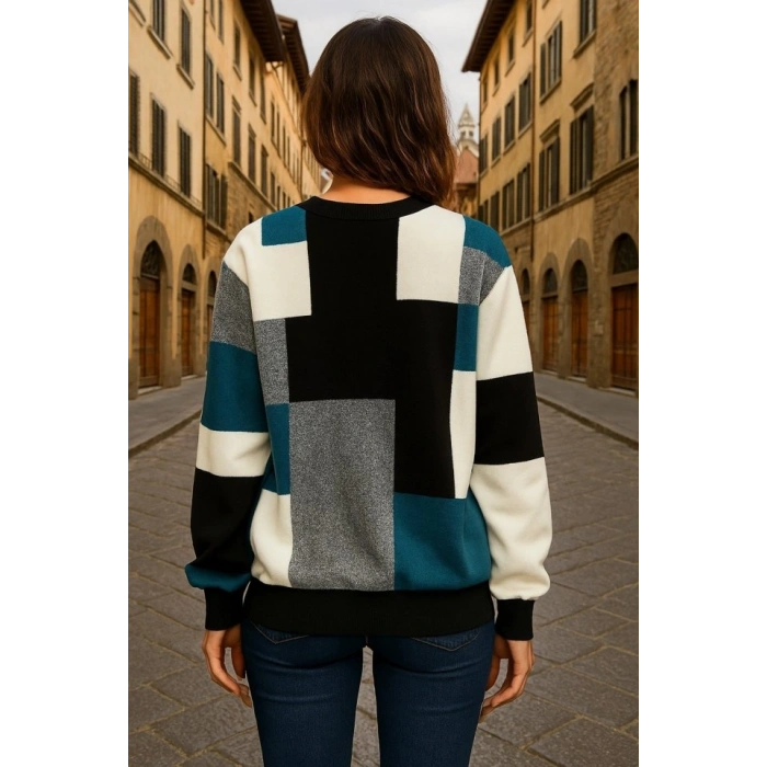 Kadın Uzun Kollu Bisiklet Yaka Renkli Blok Baskı Dalgıç Bluz