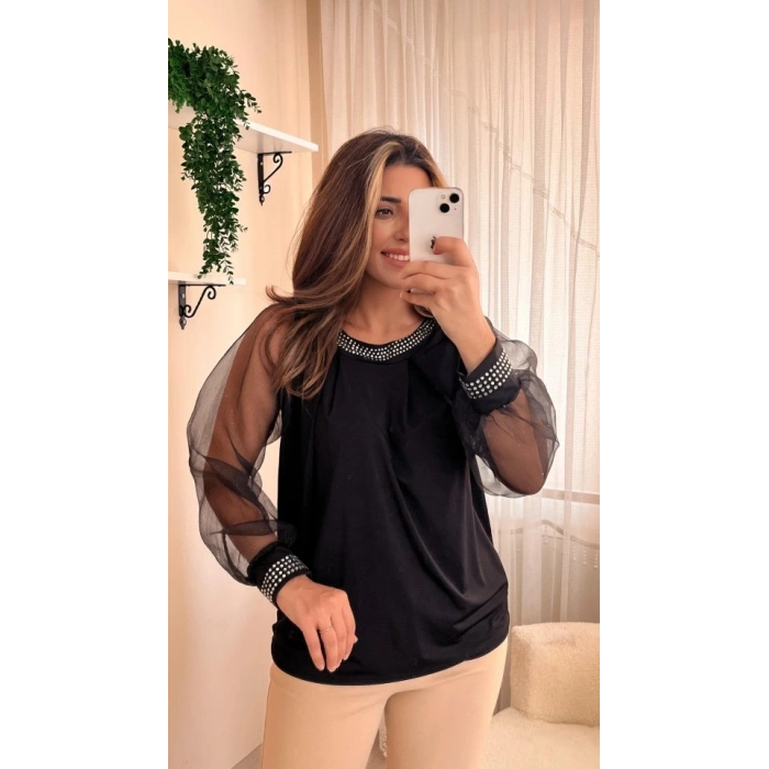 Kadın Uzun Kollu Bisiklet Yaka Taşlı Kol Tül Detaylı Sandy Bluz
