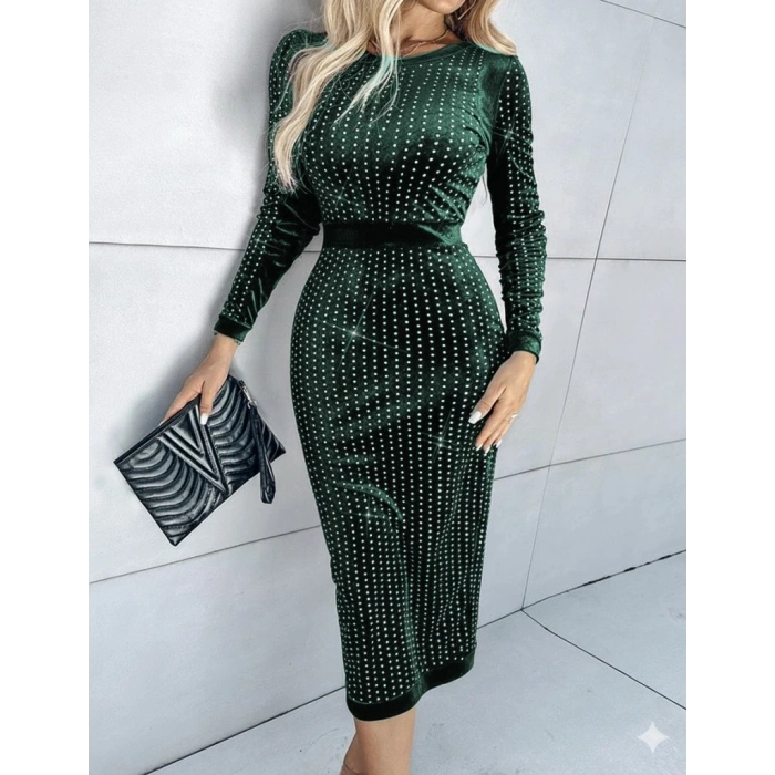 Kadın Uzun Kollu Bisiklet Yaka Taşlı Midi Kadife Elbise