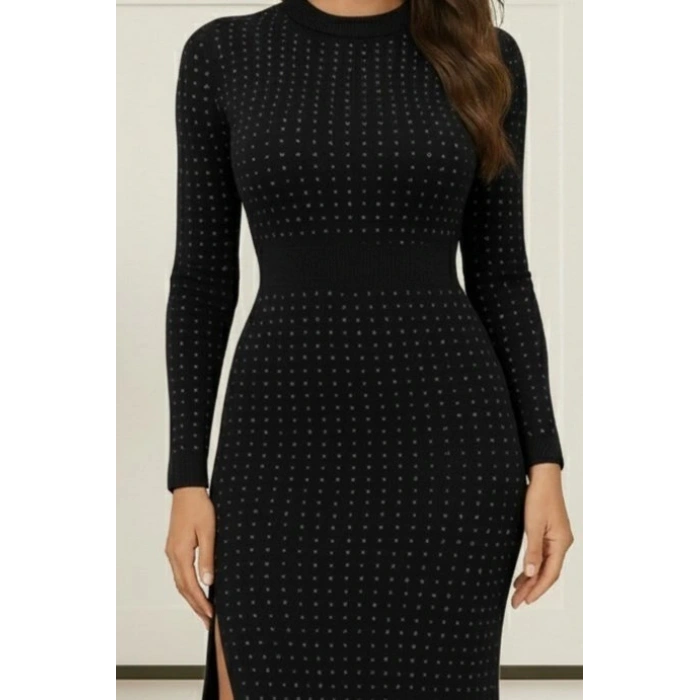 Kadın Uzun Kollu Bisiklet Yaka Taşlı Midi Kadife Elbise