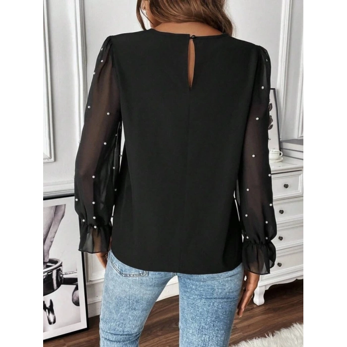 Kadın Uzun Kollu Bisiklet Yaka Tül Detaylı Incili Ithal Krep Bluz