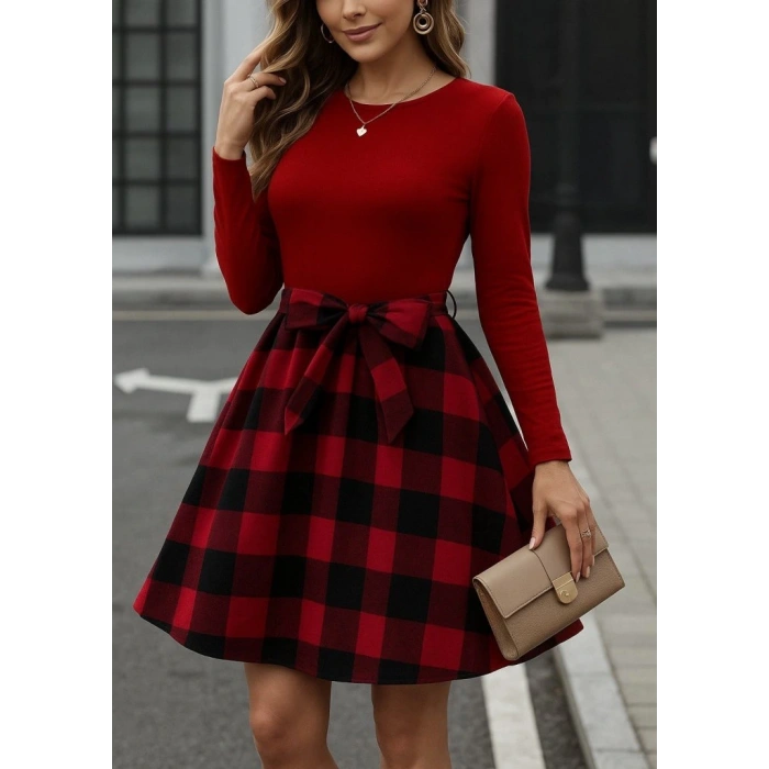 Kadın Uzun Kollu Bisiklet Yaka üst Viskon Alt Ekose Kısa Elbise
