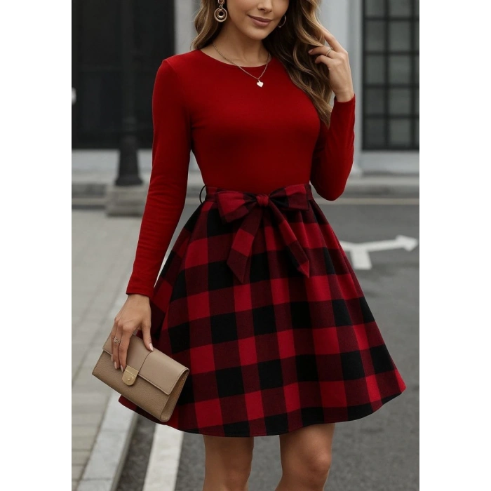 Kadın Uzun Kollu Bisiklet Yaka üst Viskon Alt Ekose Kısa Elbise