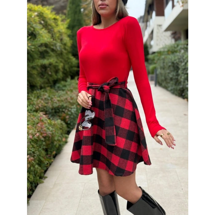 Kadın Uzun Kollu Bisiklet Yaka üst Viskon Alt Ekose Kısa Elbise