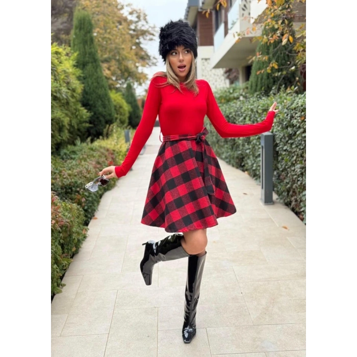 Kadın Uzun Kollu Bisiklet Yaka üst Viskon Alt Ekose Kısa Elbise