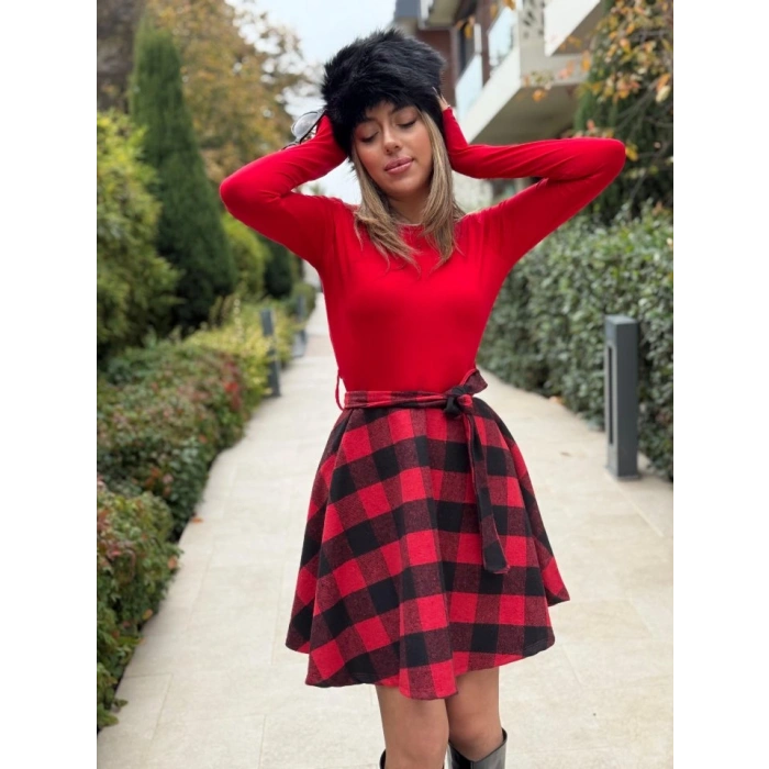 Kadın Uzun Kollu Bisiklet Yaka üst Viskon Alt Ekose Kısa Elbise