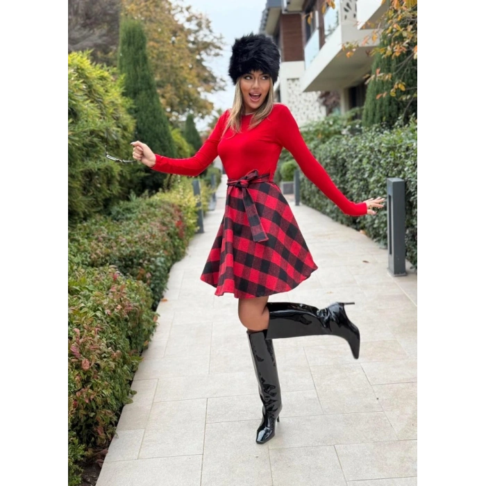 Kadın Uzun Kollu Bisiklet Yaka üst Viskon Alt Ekose Kısa Elbise