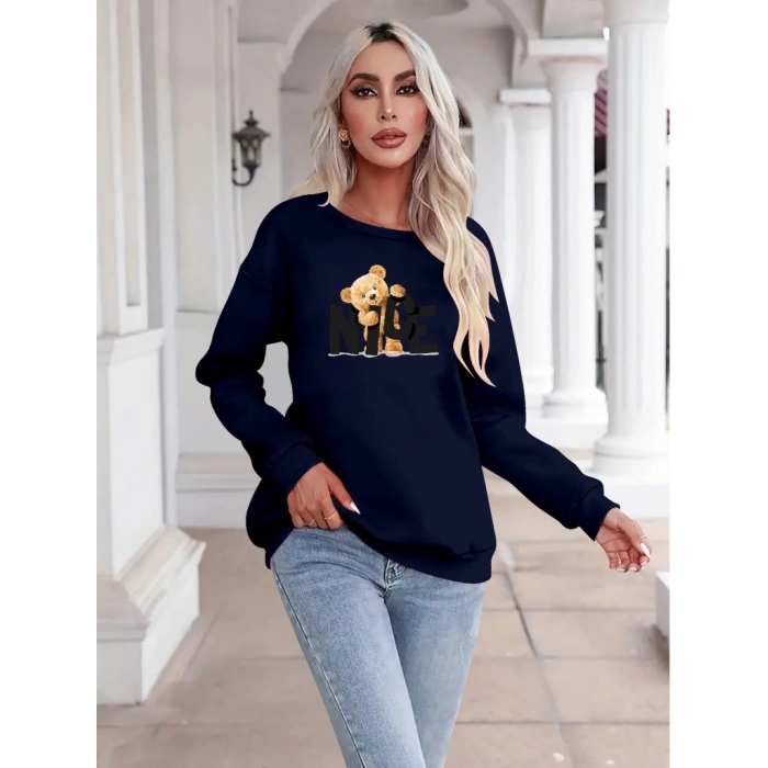 Kadın Uzun Kollu Bisiklet Yaka Viskon Iki Iplik Bluz