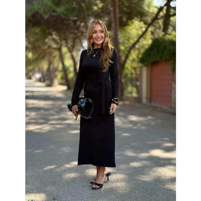 Kadın Uzun Kollu Bisiklet Yaka Yandan Bağlamalı Uzun Modal Elbise
