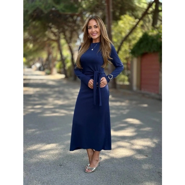 Kadın Uzun Kollu Bisiklet Yaka Yandan Bağlamalı Uzun Modal Elbise