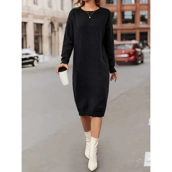 Kadın Uzun Kollu Bisiklet Yaka Yandan Yırtmaçlı Midi Triko Elbise(kemersiz)