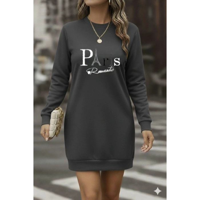 Kadın Uzun Kollu Bisiklet Yaka Yazılı Kısa Viskon Iki Iplik Elbise