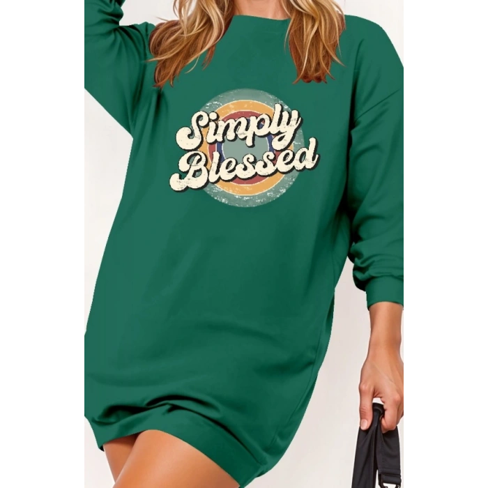 Kadın Uzun Kollu Bisiklet Yaka Yazılı Viskon Iki Iplik Elbise