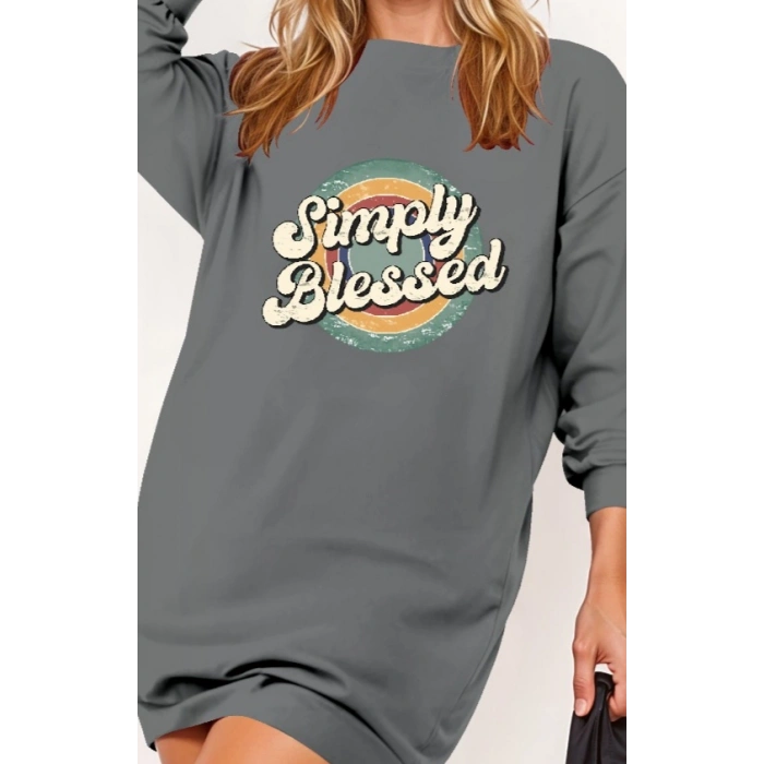 Kadın Uzun Kollu Bisiklet Yaka Yazılı Viskon Iki Iplik Elbise