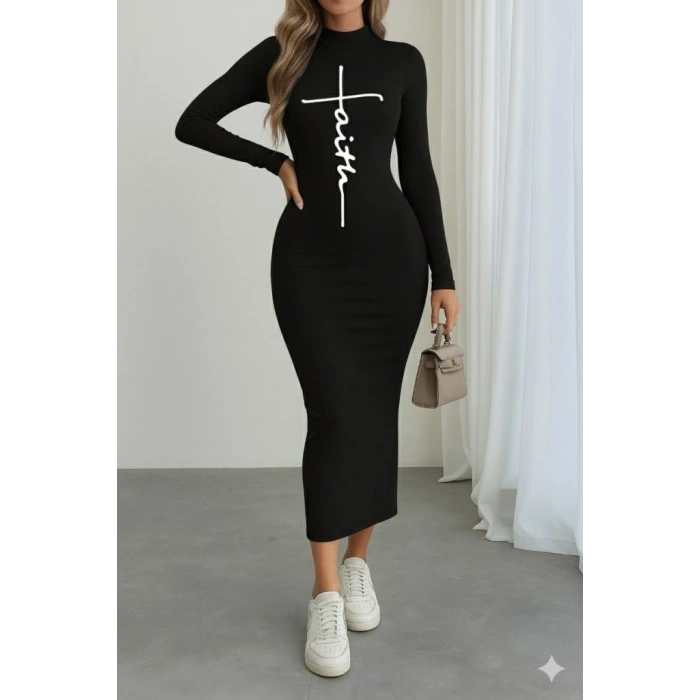 Kadın Uzun Kollu Boğazlı Baskı Detaylı Viskon Tam Boy Elbise