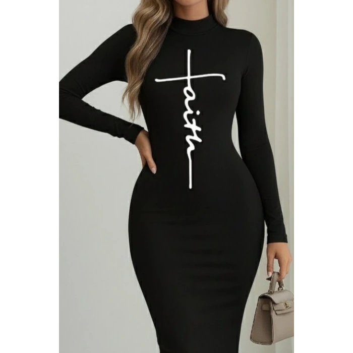 Kadın Uzun Kollu Boğazlı Baskı Detaylı Viskon Tam Boy Elbise