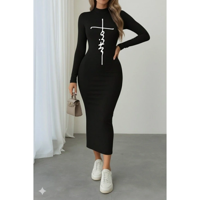 Kadın Uzun Kollu Boğazlı Baskı Detaylı Viskon Tam Boy Elbise