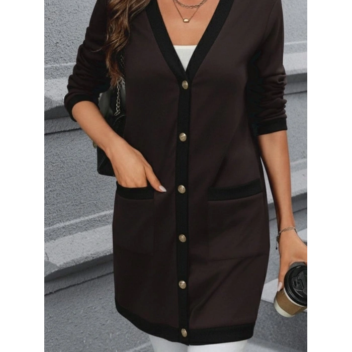 Kadın Uzun Kollu Cepli önden Düğmeli Uzun Modal Ceket Hırka