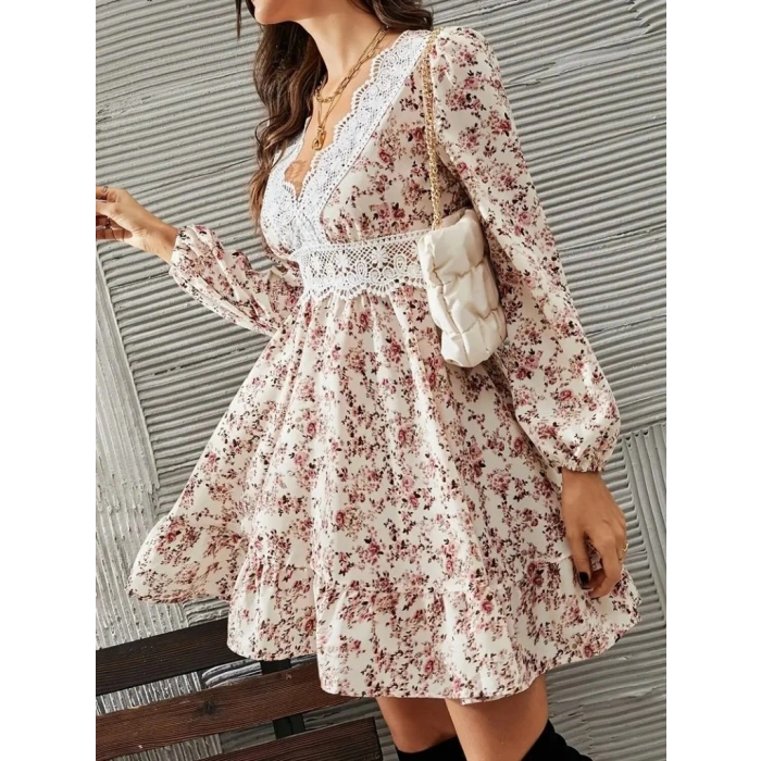 Kadın Uzun Kollu Dantel V Yakalı Mini Desenli Süprem Elbise