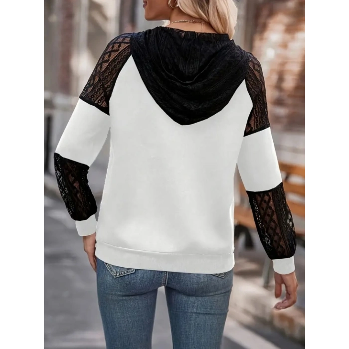 Kadın Uzun Kollu Dantelli Kapşonlu Viskon Iki Iplik Bluz