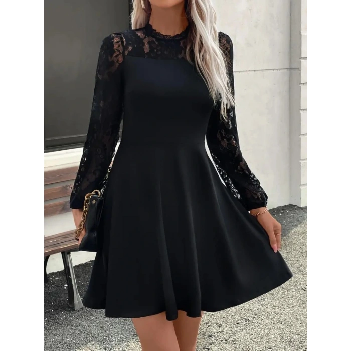 Kadın Uzun Kollu Dantelli Kloş Mini Ithal Krep Elbise