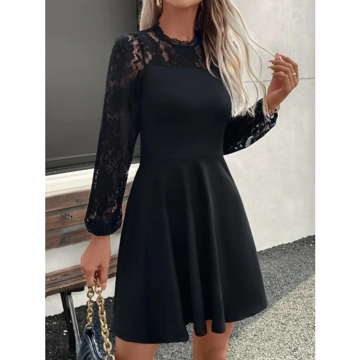 Kadın Uzun Kollu Dantelli Kloş Mini Ithal Krep Elbise
