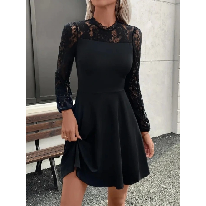 Kadın Uzun Kollu Dantelli Kloş Mini Ithal Krep Elbise