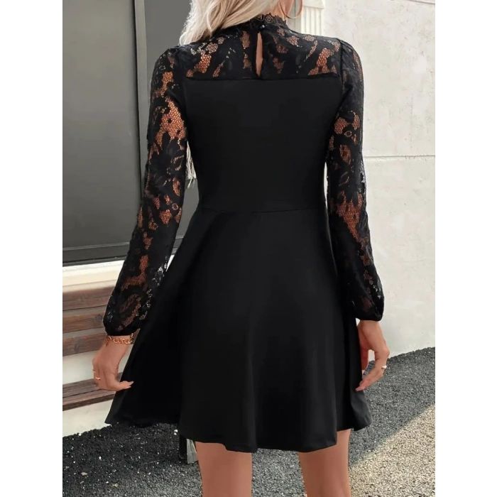 Kadın Uzun Kollu Dantelli Kloş Mini Ithal Krep Elbise