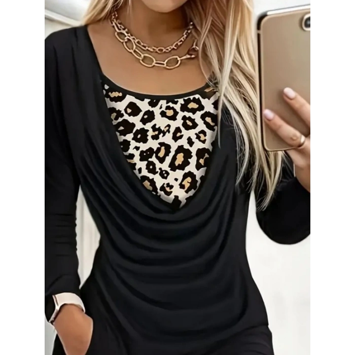 Kadın Uzun Kollu Degaje Yaka Leopar Detaylı Cepli Kısa Sandy Elbise