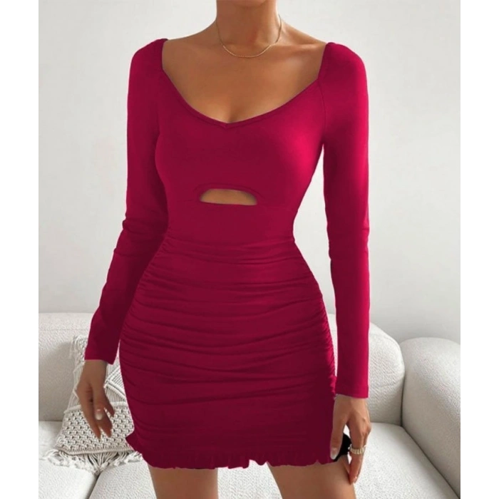 Kadın Uzun Kollu Derin V Yaka Göğüs Altı Dekolte Detay Etek Ucu Fırfırlı Sandy Mini Boy Elbise