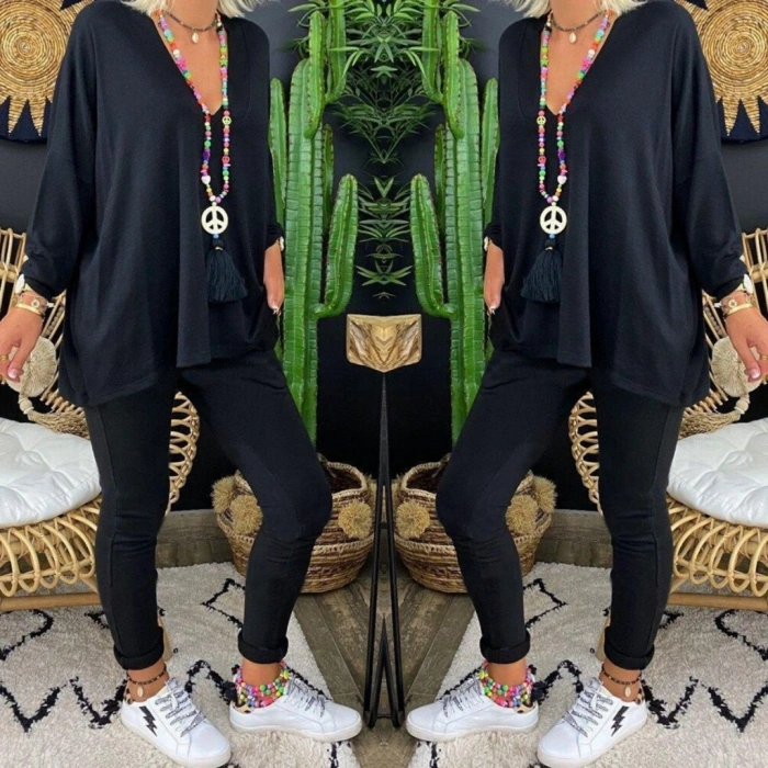 Kadın Uzun Kollu Derin V Yaka ön Kısa Arka Uzun Viskon Bluz