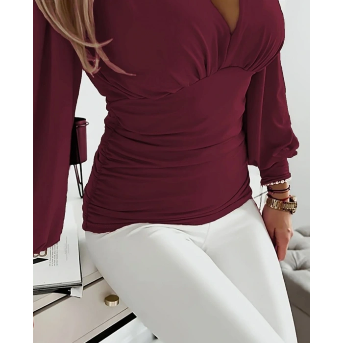 Kadın Uzun Kollu Derin V Yakalı önden Büzgülü Sandy Bluz