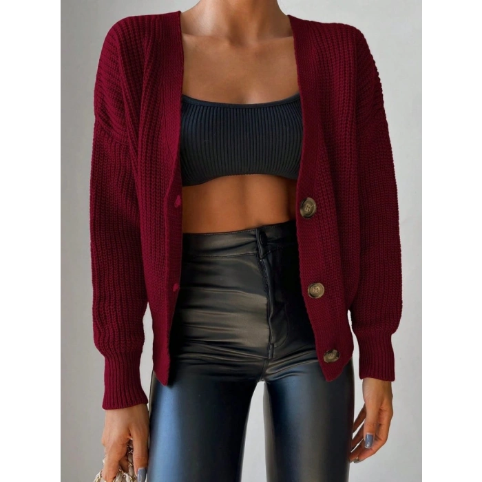 Kadın Uzun Kollu Düğme Detay Triko Bluz