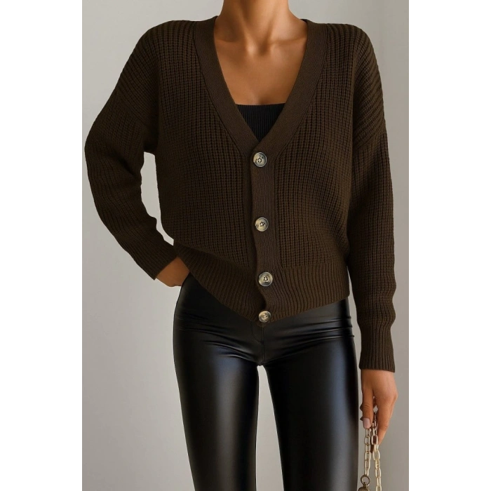 Kadın Uzun Kollu Düğme Detay Triko Hırka