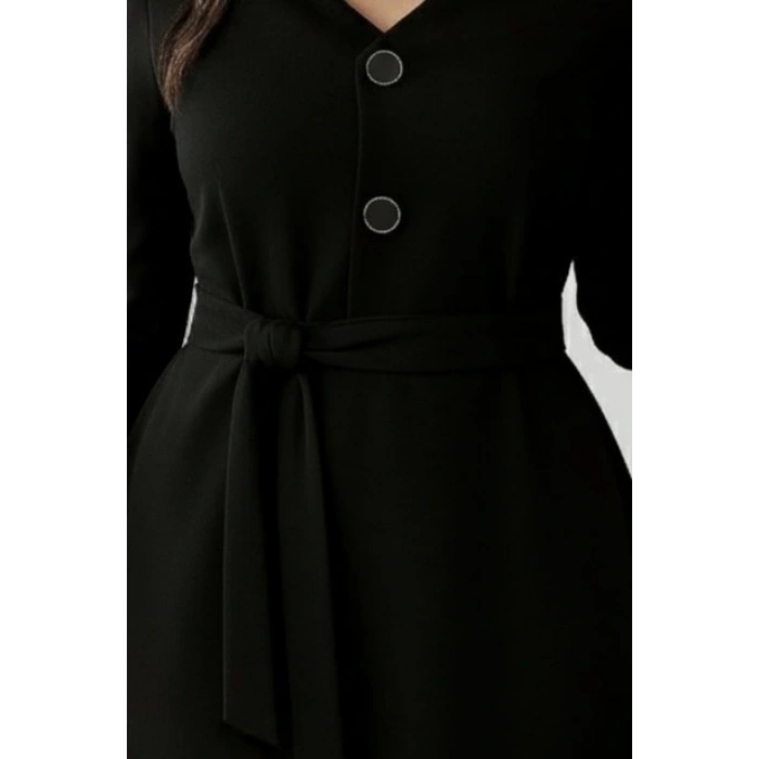 Kadın Uzun Kollu Düğme Detaylı Kendinden Kemerli Ithal Krep Elbise