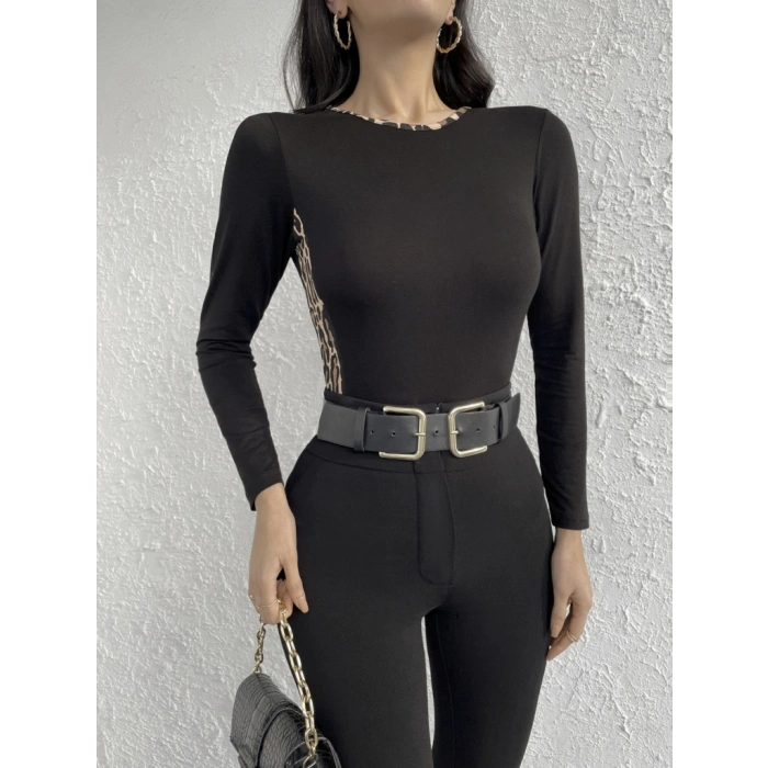 Kadın Uzun Kollu eopar şeritli Viskon Bluz