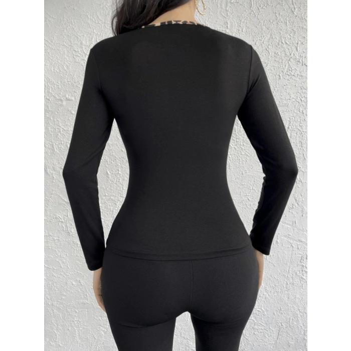 Kadın Uzun Kollu eopar şeritli Viskon Bluz