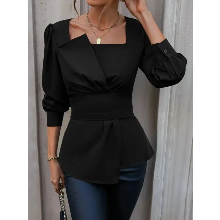 Kadın Uzun Kollu Geometrik Yakalı Belden Oturmalı Ithal Krep Bluz