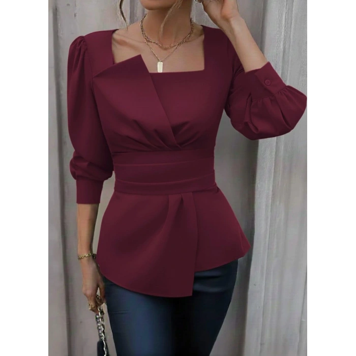 Kadın Uzun Kollu Geometrik Yakalı Belden Oturmalı Ithal Krep Bluz