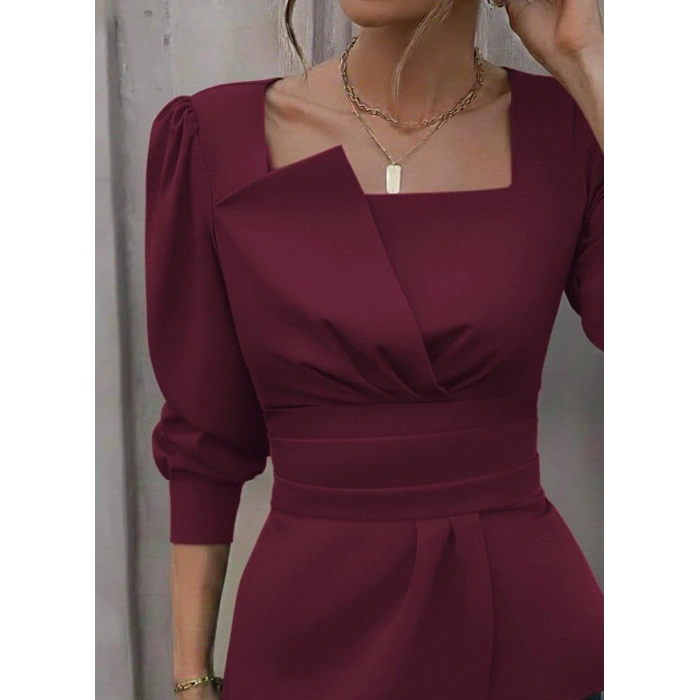 Kadın Uzun Kollu Geometrik Yakalı Belden Oturmalı Ithal Krep Bluz